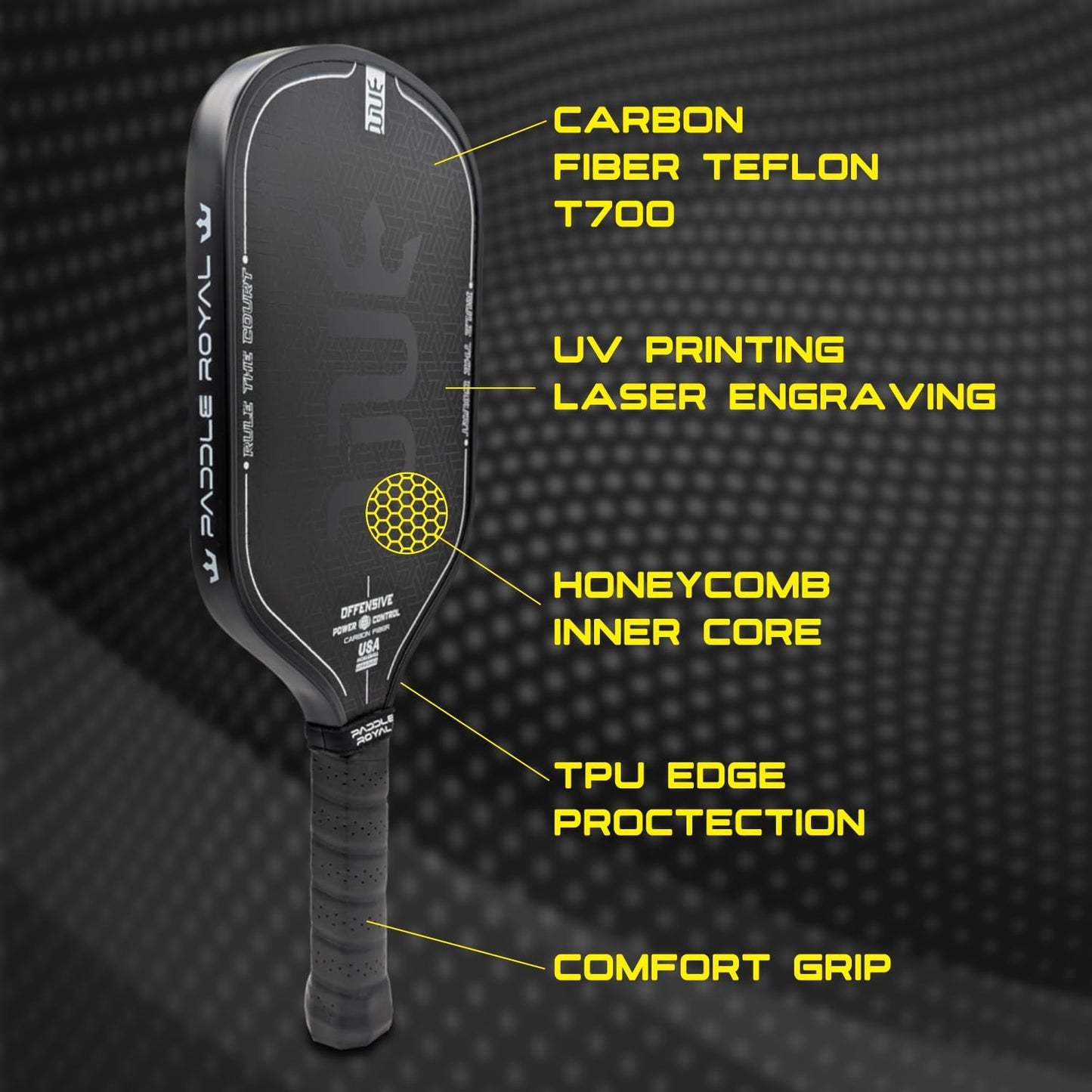 Paddle Royal PHANTOM Fourth Generation Core Offensive Pickleball Paddle, Carbon Fiber Teflon T700, Honeycomb Inner Core, USA Made, TPU Edge Protection