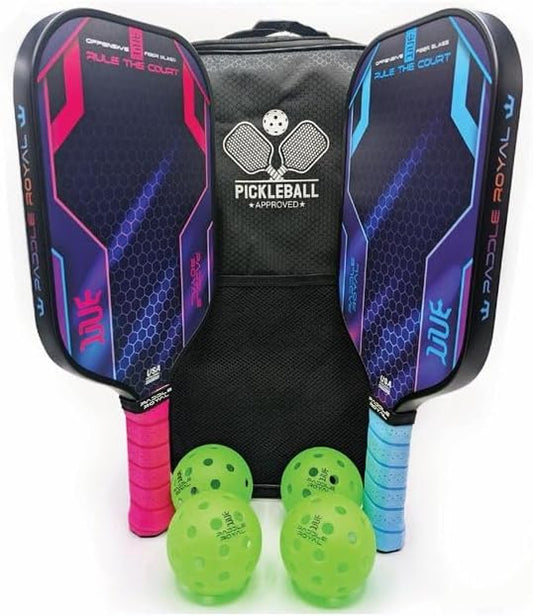 Paddle Royal NOVASET Fiberglass Pickleball Paddle Set with Carry Case and 4 Balls, Honeycomb Core, UV Printing, Blue and Pink